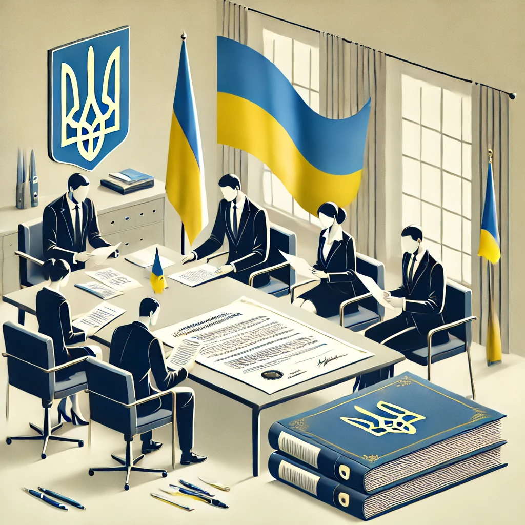 DALL·E 2024-12-19 15.19.17 - A professional setting illustrating the concept of official accreditation processes in Ukraine. A conference room or office environment with documents